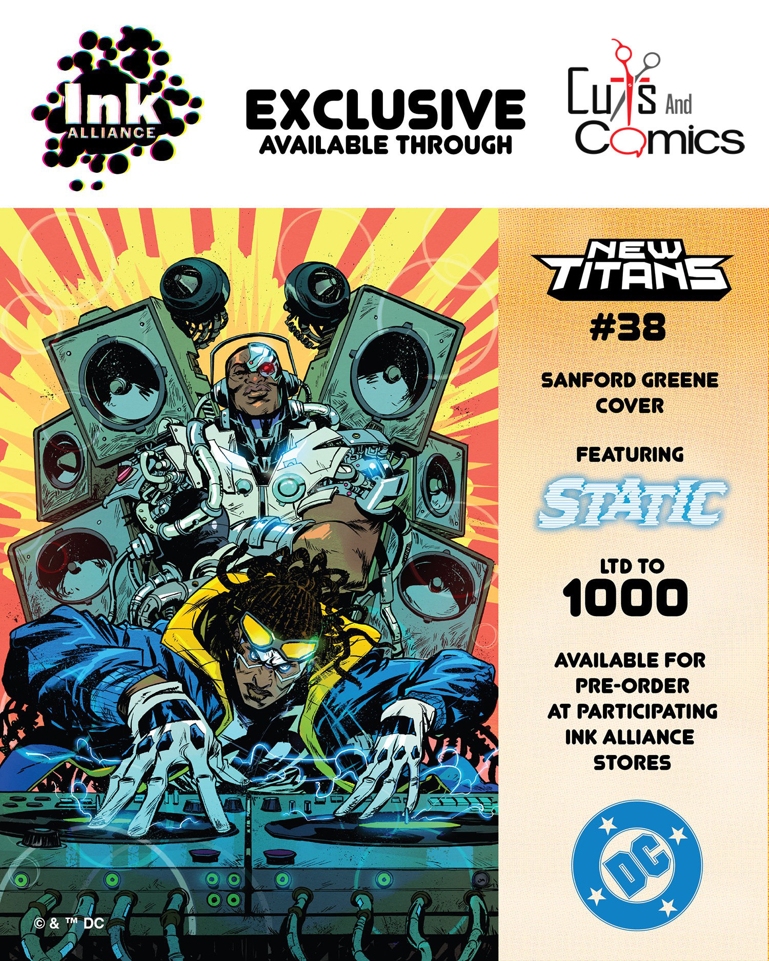 Ink Alliance Exclusive — New Titans #38 Sanford Greene cover featuring Static, limited to 1000 copies, available through Cuts And Comics